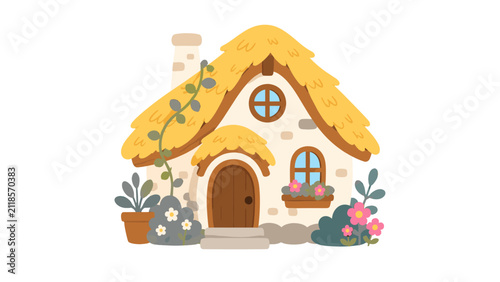 Bild auf Leinwand Cute thatched cottage house with flowers vector illustration