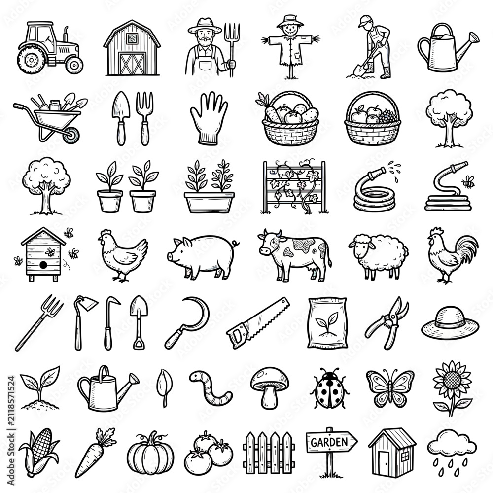 Fototapeta premium Farm and Garden Elements Collection - Hand Drawn Icons