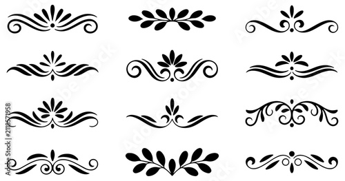 Collection of black floral flourishes and swirls on white background, decorative ornament