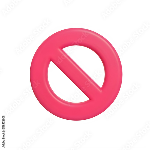 Prohibition sign in vibrant pink, 3D rendered stop symbol on white background, plastic textured forbidden icon for warning and restriction