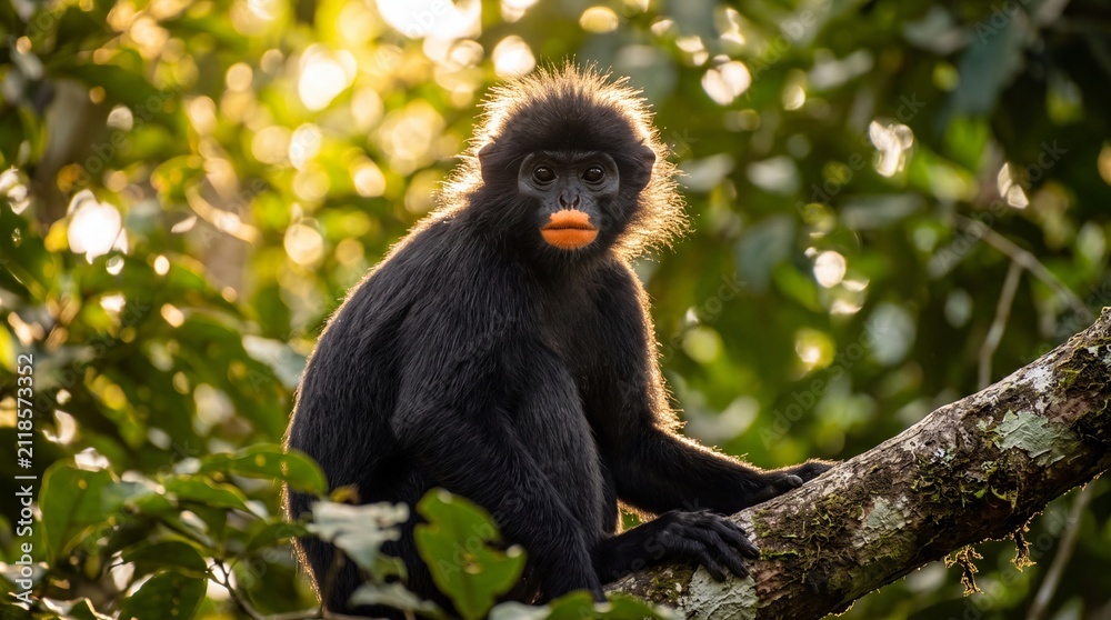 Fototapeta premium Majestic Colobus Congoensis Sitting on a Mossy Branch