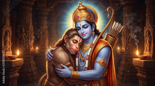 Divine hindu lord rama embracing loyal devotee hanuman with loving emotion inside ancient temple during festival prayer ceremony