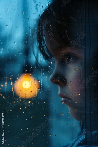 Close-up portrait of a child looking through a rain-speckled window at a blurred warm streetlight, moody blue evening atmosphere