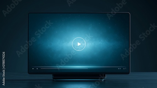 A glowing digital screen displays a play button on a dark background. This represents video streaming or multimedia.