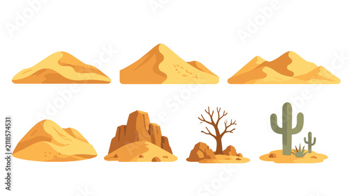 Set of desert landscape elements with dunes rocks tree and cacti