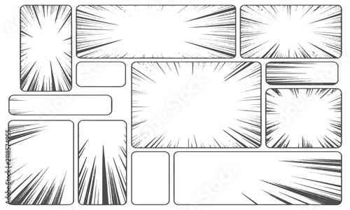 Collection of blank comic book panels featuring dynamic manga radial speed lines in vector graphic illustration