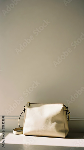 A trendy cream leather crossbody bag is casually placed against a soft beige wall with ample copyspace.