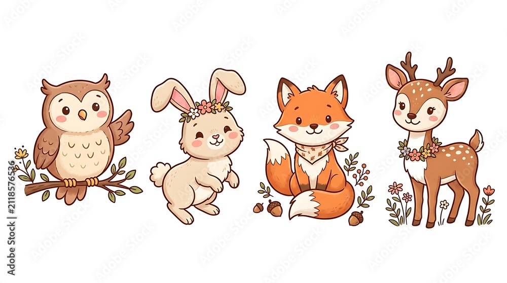Fototapeta premium Cute woodland animal collection featuring an owl bunny fox and deer in a sweet artistic cartoon style on white background