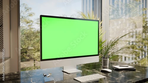 Desktop All in One Computer Green Screen Mockup in Modern Office with Swaying Plants Seamless Loop