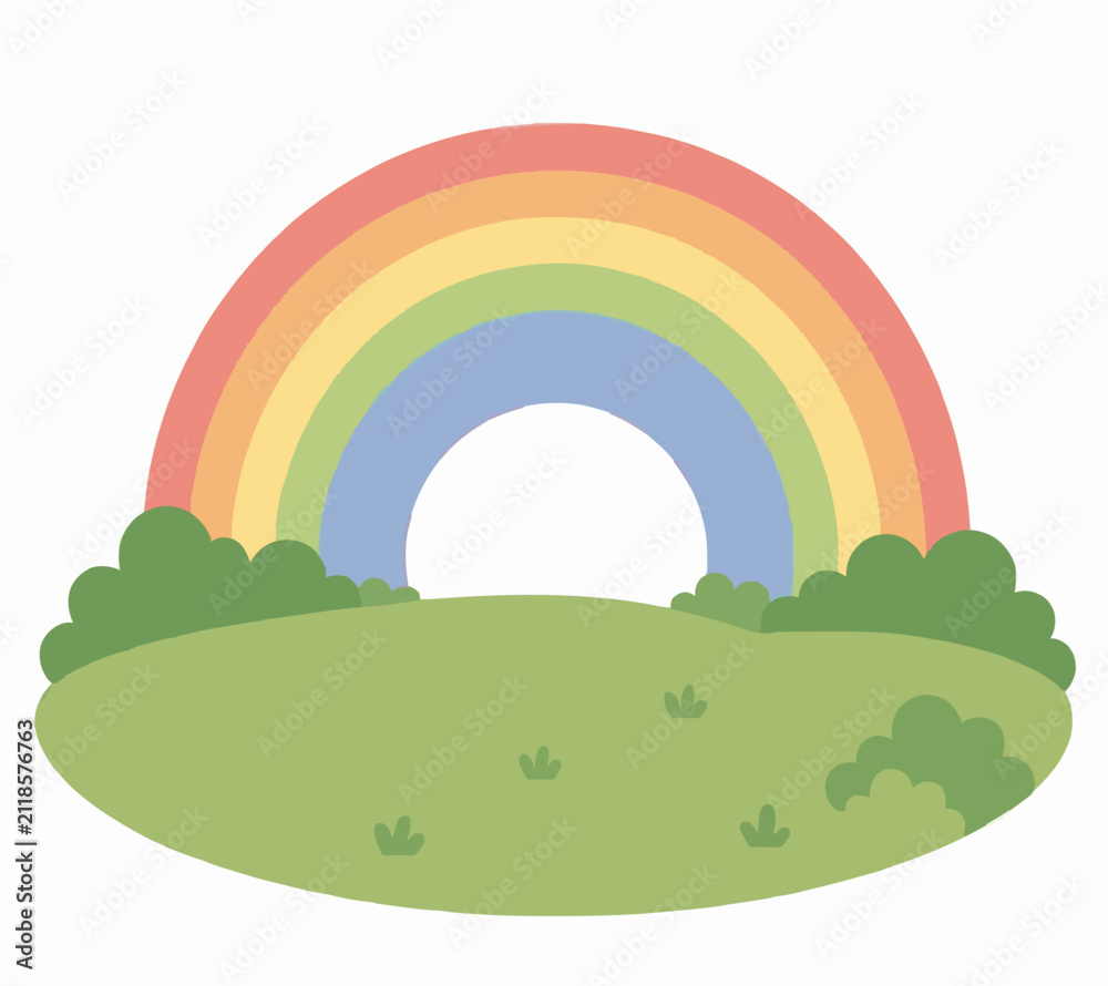 Fototapeta premium Colorful rainbow arching over a lush green meadow with rolling hills, bushes, and tiny grass tufts in this charming hand-drawn vector illustration icon with soft pastel tones