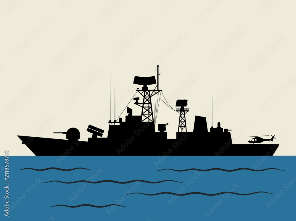 Obraz premium Modern Naval Warship Silhouette with Helicopter on Ocean