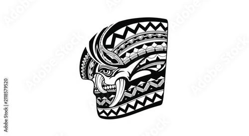 Bold Black Outline Tribal Face Mask with Geometric Patterns Vector Illustration