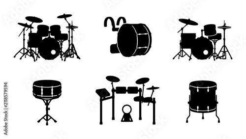 Obraz na plátne Drum Set Silhouettes, Percussion Instruments Collection, Musical Equipment Icons