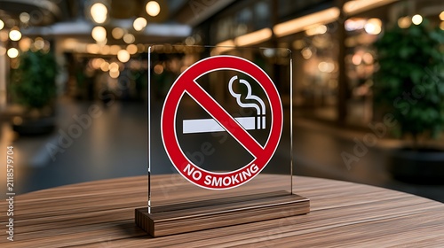Clear no smoking sign on wooden table with blurred indoor background