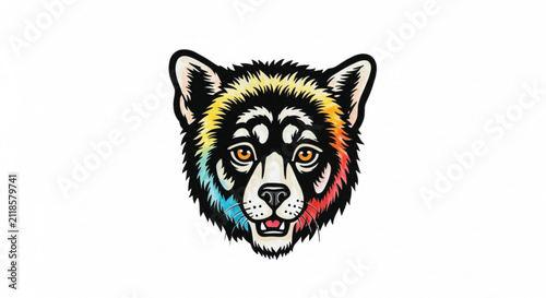 Bold Black Outline Wolf Head with Neon Gradient Fur - Vector Illustration