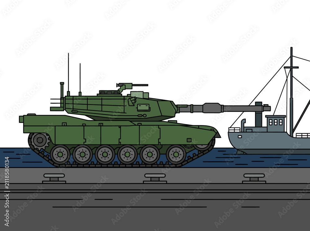 Fototapeta premium Military Tank on Port Dock Beside Cargo Ship Vector Illustration