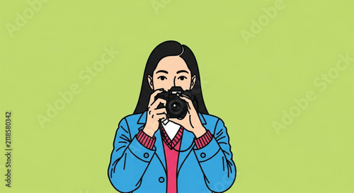 Bold Outline Illustration of a Person in Blue Jacket with Black Hair and Pink Collar Against Bright Green Background