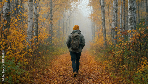 Person walking alone along a misty path in an autumn forest