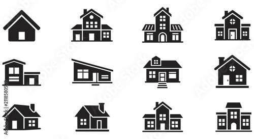 фотографія House Silhouette Icons Collection On White Background architecture building dwel