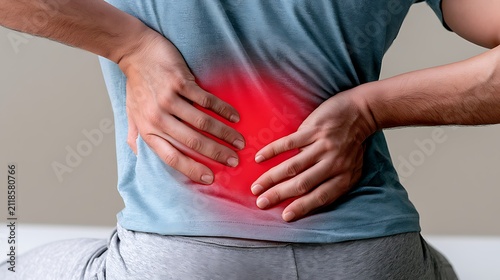 Man experiencing severe lower back pain holding painful area highlighted in red