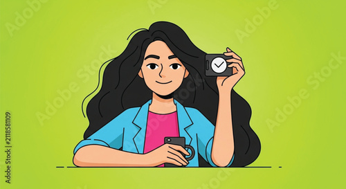 Modern Cartoon Illustration of a Professional Woman with Bold Black Outline and Vibrant Green Background