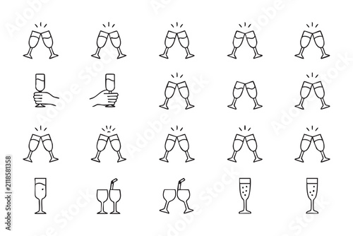 Celebration Drink Outline Icons Featuring Champagne Flutes, Cheers Gesture, and Party Glasses
