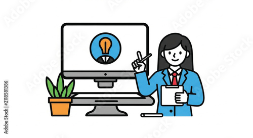Computer screen displaying a lightbulb idea icon with a potted plant on a desk.