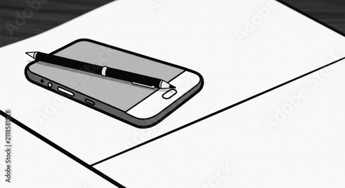 Modern Stylized Illustration: Stylus Pen Resting on a Smartphone Screen with Bold Black Outline