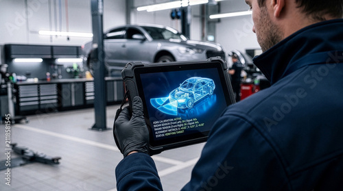 Automotive technician calibrating advanced driver assistance system with diagnostic tablet