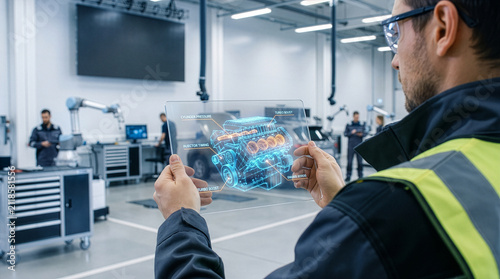 Engineer holding transparent tablet displaying holographic engine diagram in modern workshop