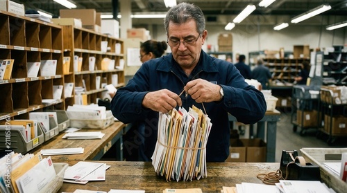 Postal worker meticulously organizing a thick bundle of letters and correspondence within a bustling mail distribution facility