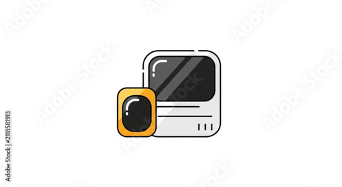 Retro camera icon with bold black outline and vibrant yellow accents, flat design