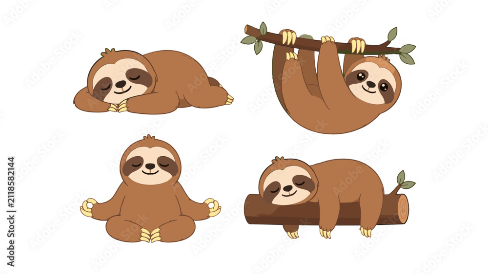 Fototapeta premium Cute cartoon sloth characters in sleeping, hanging, and sitting poses