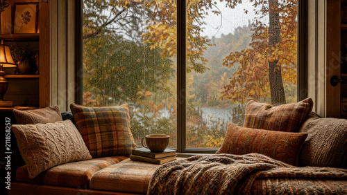 Cosy reading nook with cushions, books and a coffee mug beside a rainy window