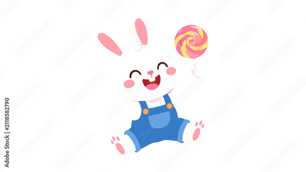 Fototapeta premium Cute white rabbit jumping with colorful lollipop vector illustration