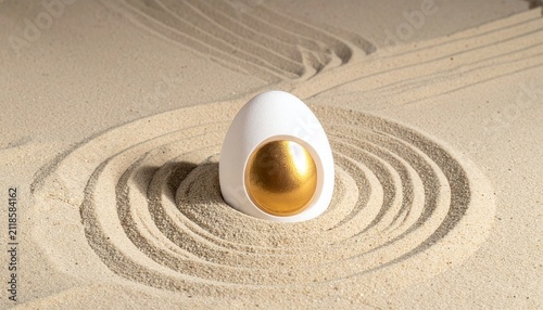 A tranquil minimalist display featuring a sleek, white, egg-shaped object with a golden center, set gracefully within a meticulously raked sand garden, embodying modern serenity and design harmony