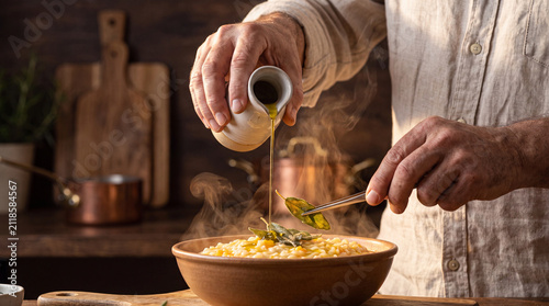 Chef pouring olive oil into a pan of creamy risotto in a rustic kitchen