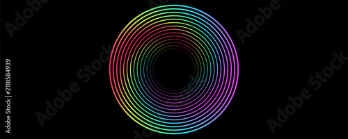 Abstract round frame colorful rainbow spectrum colors isolated on black background with copy space. Vector circles lines pattern design template in concept of sound, music, equalizer, AI, technology