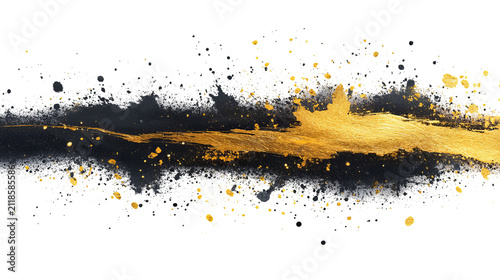 Abstract gold and gray streak on black; textured paint splash with specks