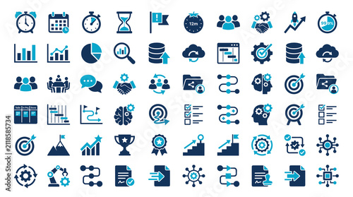 Business management icons set, 60 blue flat vector symbols for project planning, corporate strategy and data analysis graphics