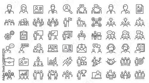 Business people line icons set, corporate team and human resources vector symbols, professional management and office work 60 eps icons