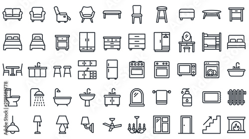 Minimalist furniture line icons, 50 home interior vector symbols. Modern house equipment and decor outline set for floor plans and apps.
