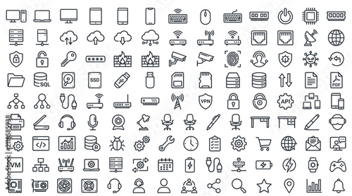 Minimalist technology line icons set, 120 computer and network vector symbols, modern IT infrastructure and software development web elements