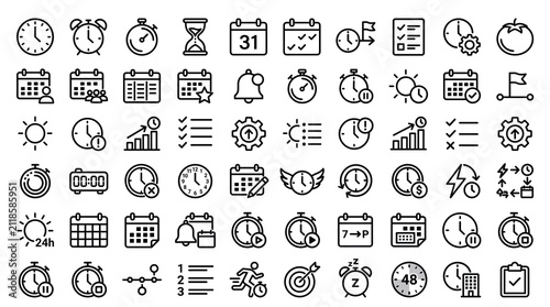 Minimalist time management icons set, 60 black outline vector symbols. Productivity and scheduling line art, business planning calendar elements.