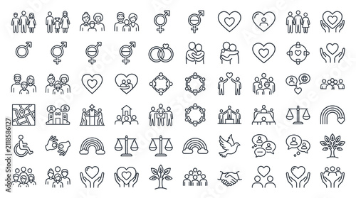 Human rights and social inclusion line icons, set of 60 diversity and equality vector symbols, community and family support outline graphics