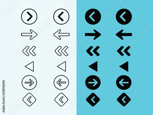 Set of Directional Arrows in Outline and Filled Styles on Transparent Background
