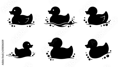 Canvastavla Set of Six Black Rubber Duck Silhouettes, Bath Time Fun Icons, Simple Water Play