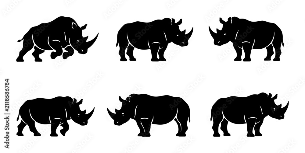 Fototapeta premium Six Silhouette Rhinoceros Icons, Wildlife Animal Vector Graphics, African Safari Mammal Illustrations, Powerful Beast Symbol Set