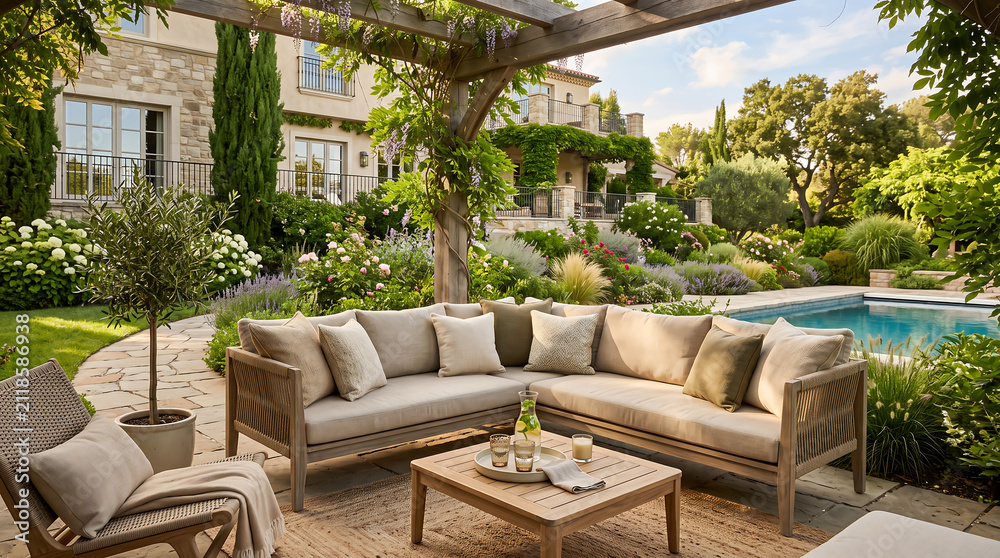 Fototapeta premium luxury outdoor patio with comfortable sofa furniture seating area next to swimming pool in a lush villa garden landscape