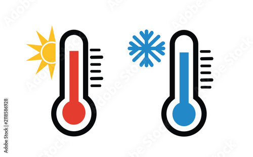Hot and Cold Thermometer Icons with Sun and Snowflake